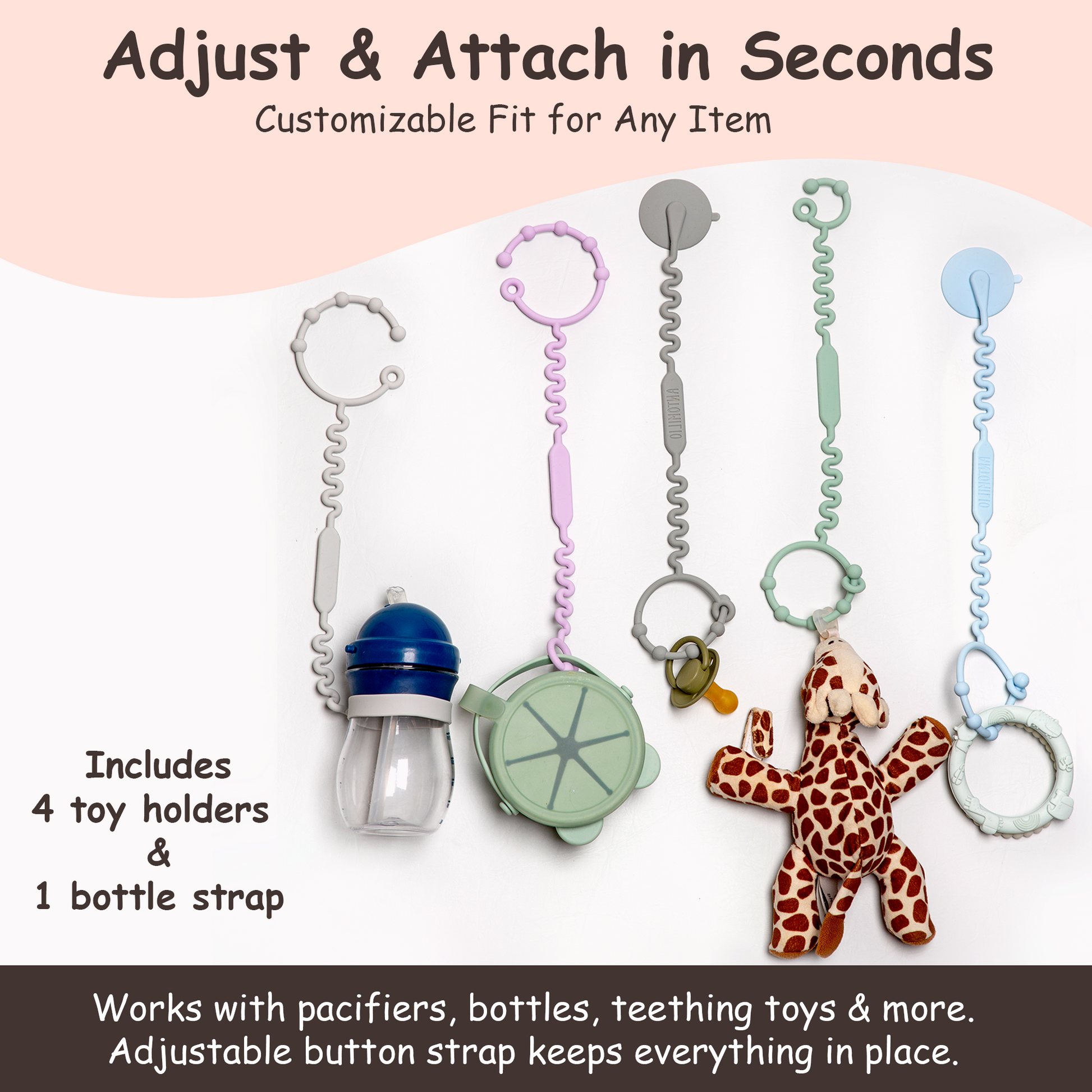 Silicone Baby Toy Straps – 5 Pack Adjustable Toy Holders for Stroller, High Chair & Car Seat – Durable Pacifier Leash, Bottle Strap & Baby Travel Essential